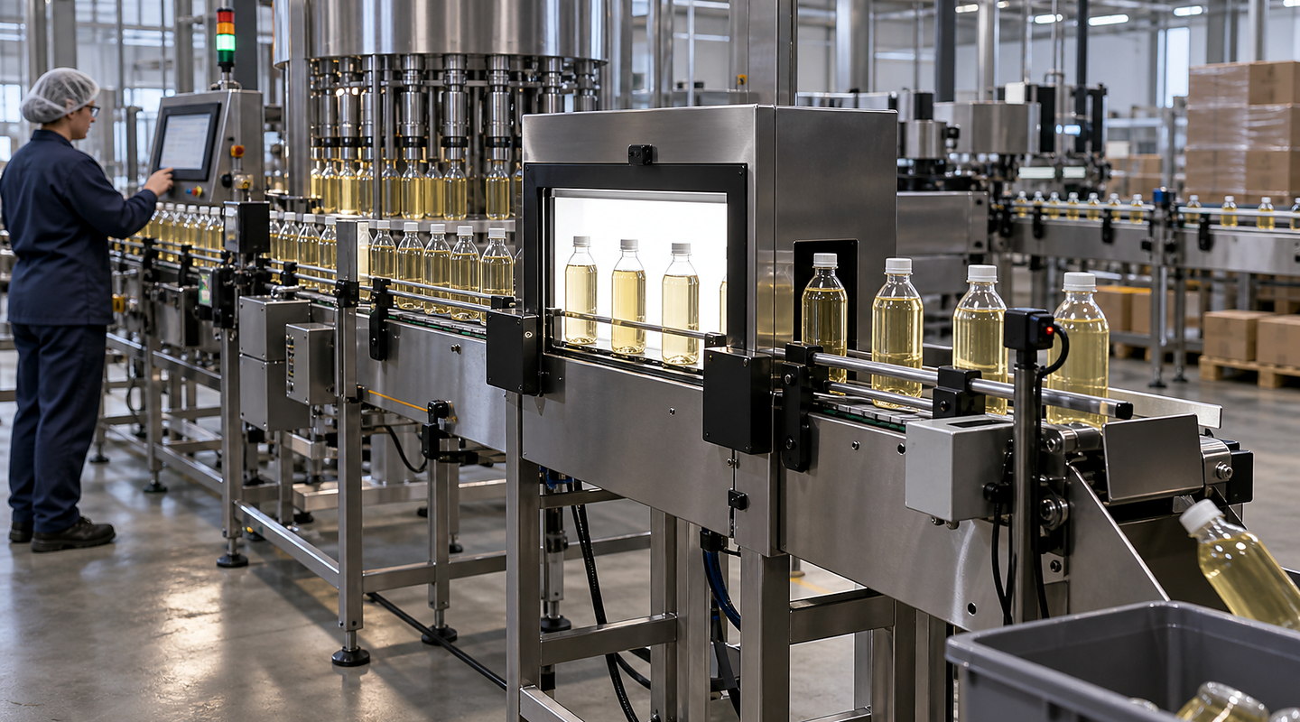 Filled bottles moving through a camera-based level inspection station with backlighting, reject device and operator HMI visible.