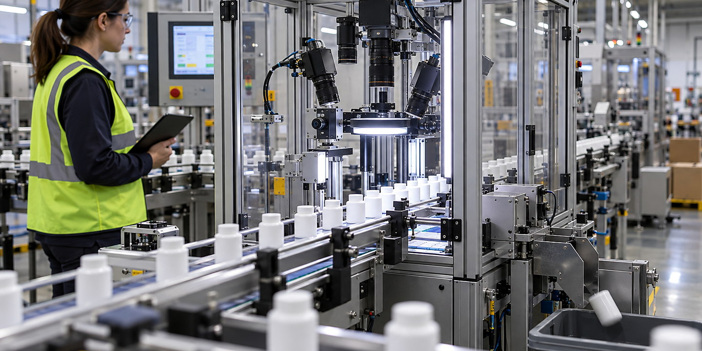 Filled bottles moving through a camera-based level inspection station with backlighting, reject device and operator HMI visible.